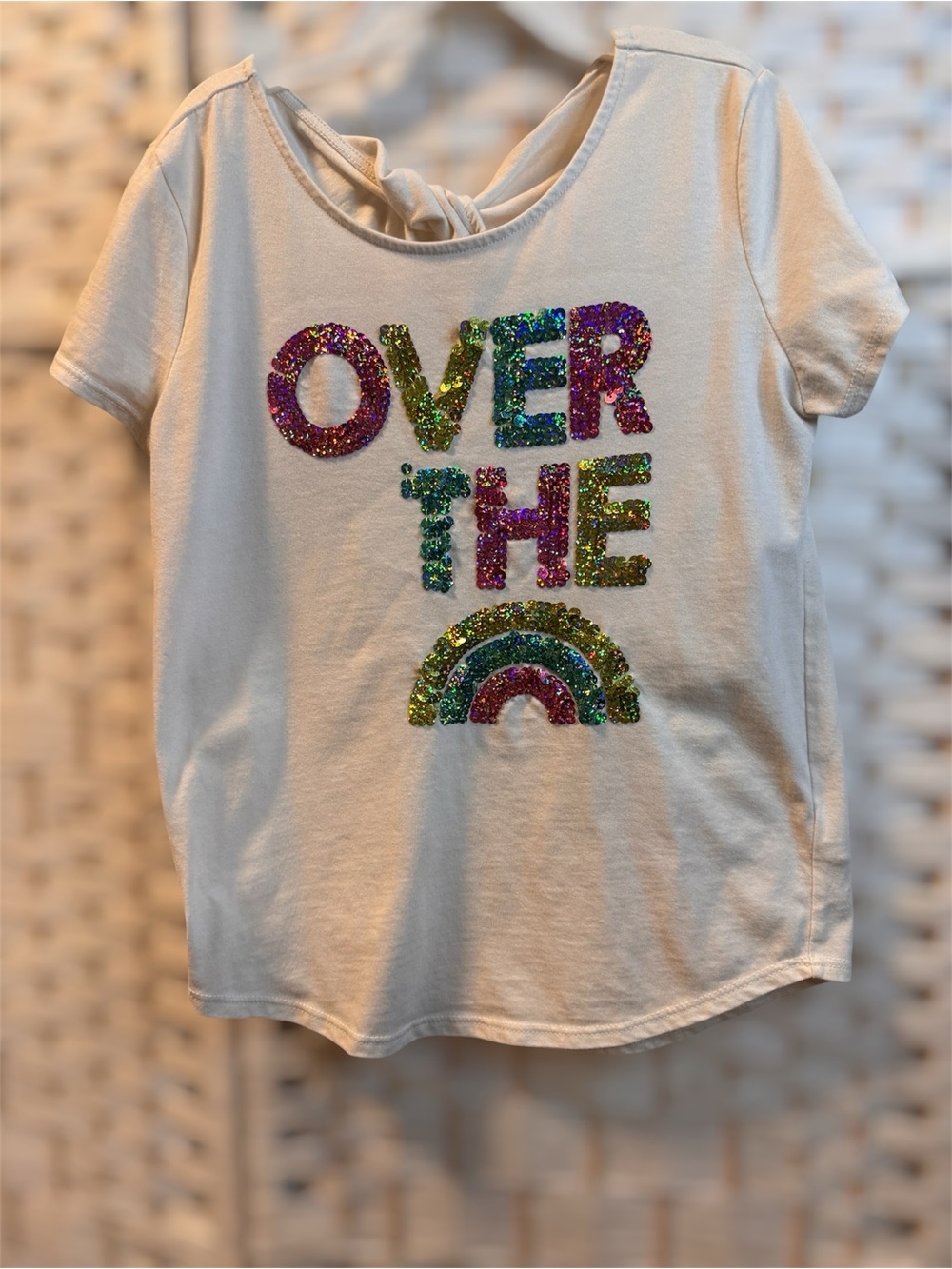 Old Navy White Tee with Multicolor Sequin "OVER THE" & Rainbow